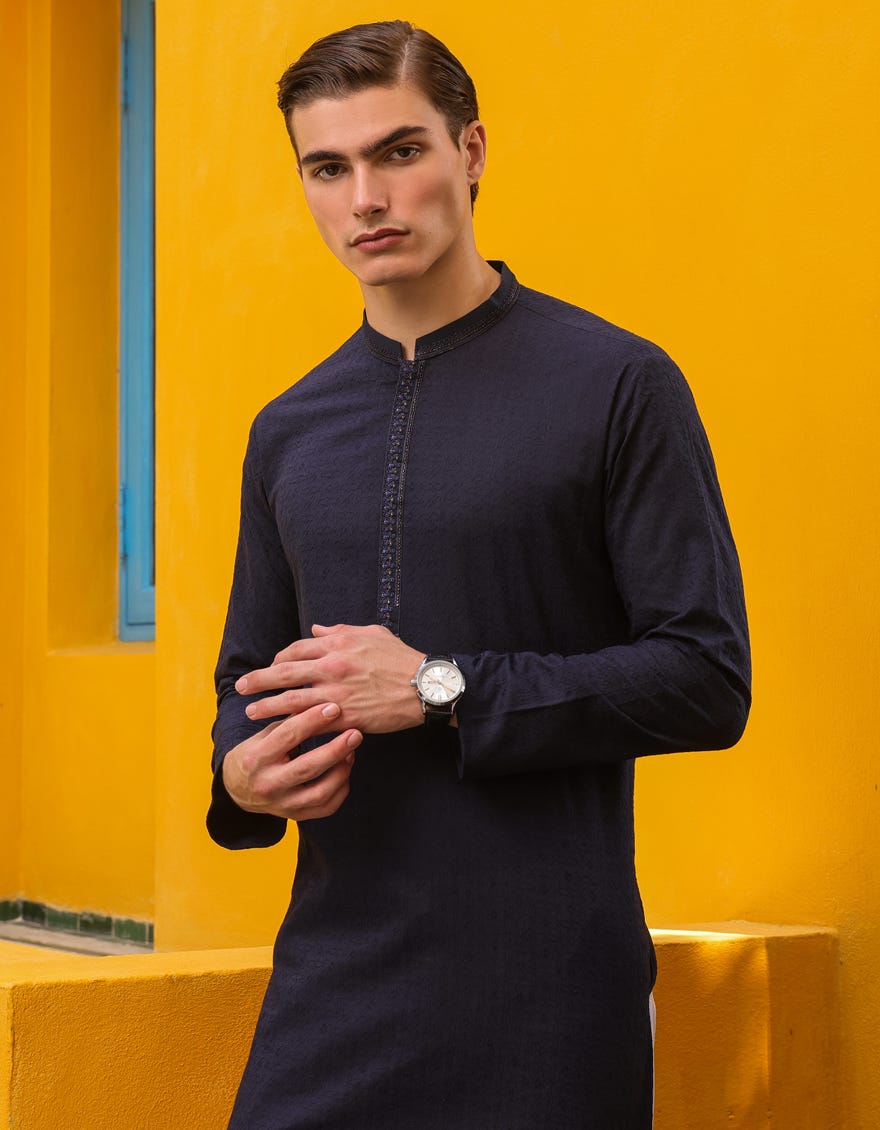 Navy Blue Cotton Men's Kurta | Jjk-S-47155