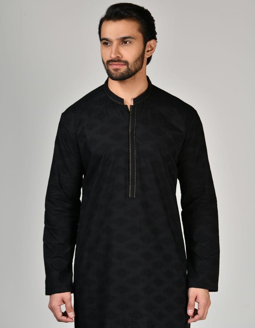 Black Cotton Men's Kurta | Jjk-S-47156