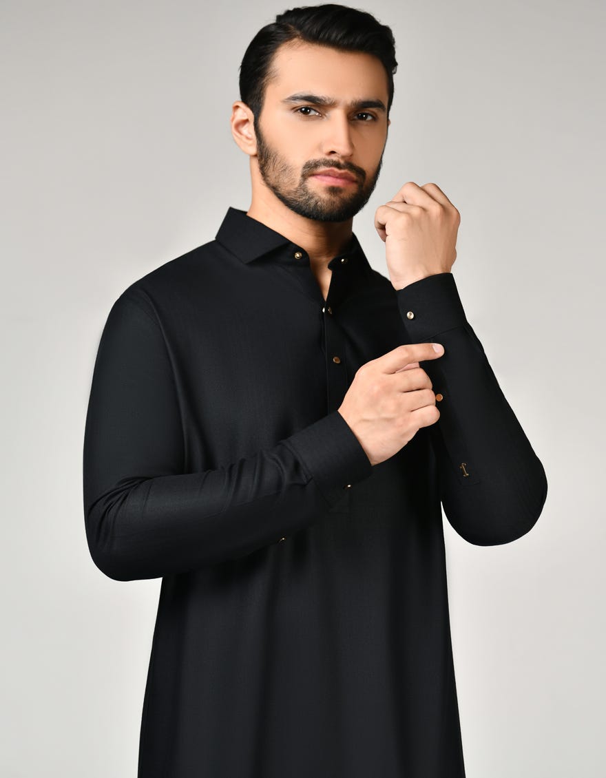 Black Blended Men's Kameez Shalwar | Jjks-A-47158