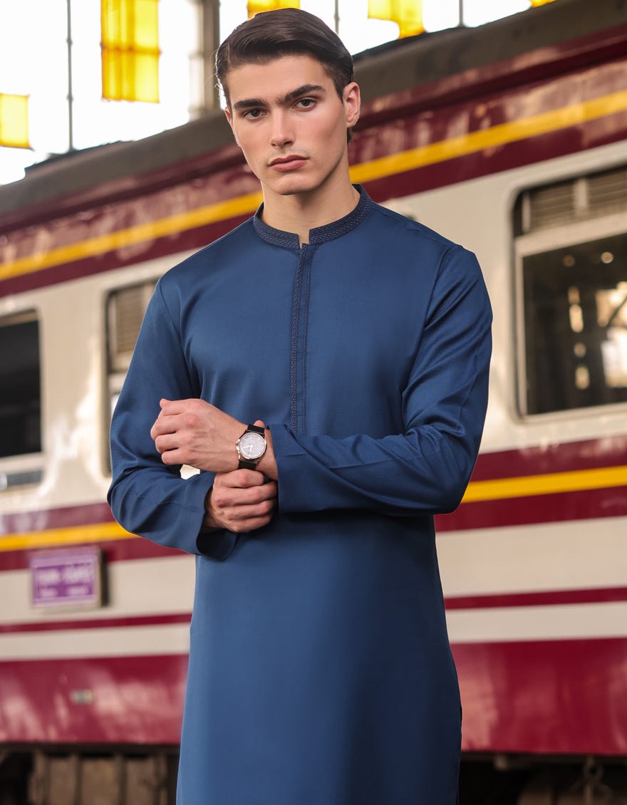 Prussian Blue Cotton Men's Kameez Shalwar | Jjks-S-47169