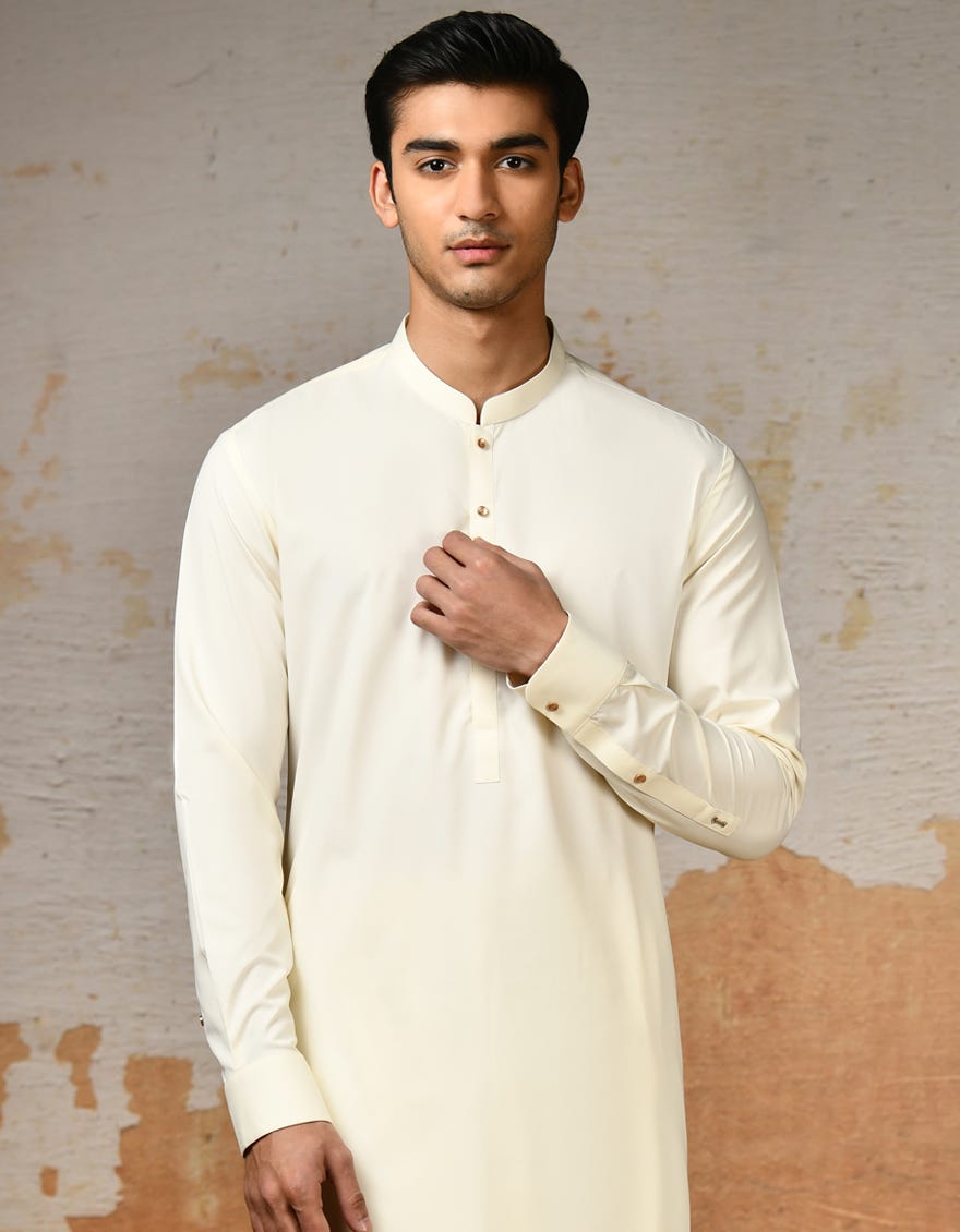 Cream Blended Men's Kameez Shalwar | Jjks-S-47174