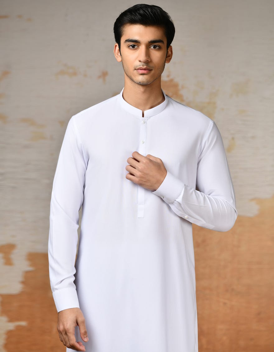 White Blended Men's Kameez Shalwar | Jjks-S-47188