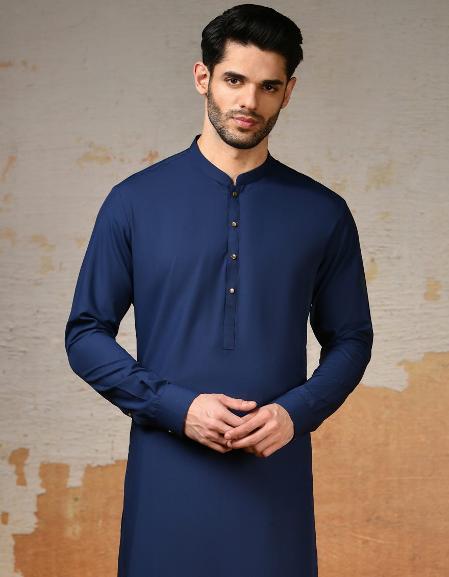 Blue Blended Men's Kameez Shalwar | Jjks-S-47190