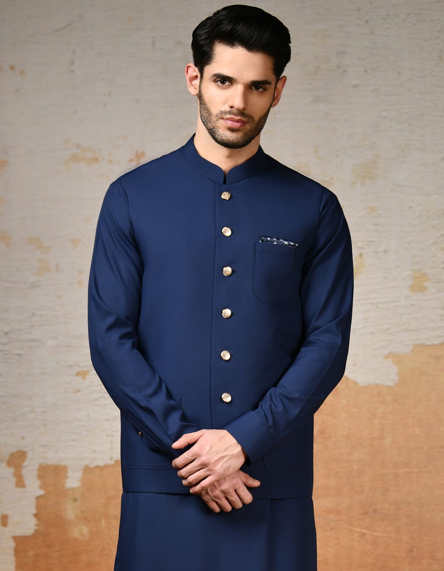 Blue Blended Exclusive Kameez Shalwar + Waistcoat | Jjksvc-A-47190