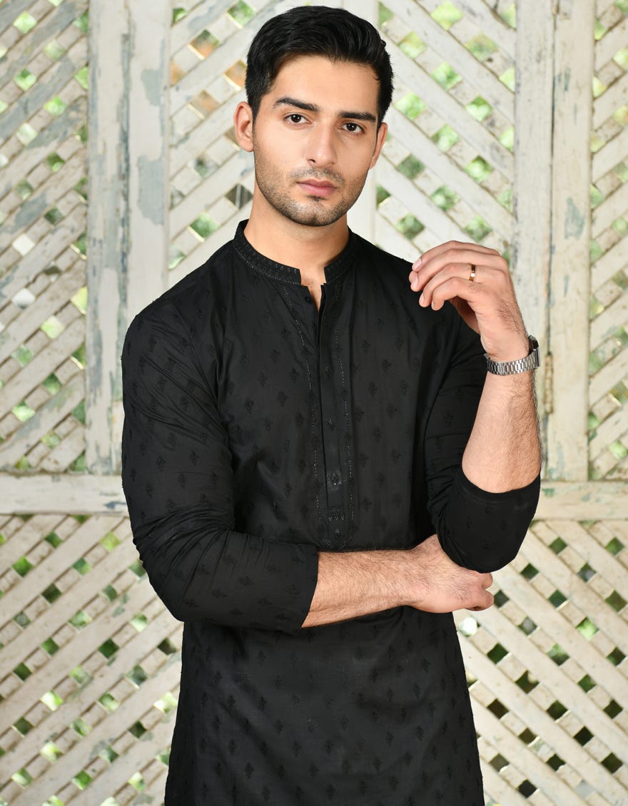 Black Cotton Men's Kurta | Jjk-A-47222