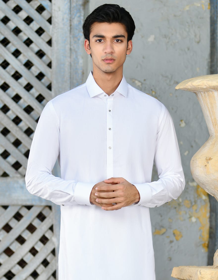 White Cotton Men's Kameez Shalwar | Jjks-S-47224