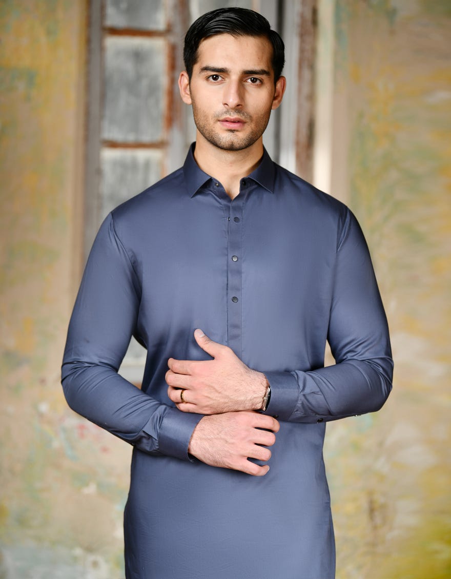 Light Navy Blue Cotton Men's Kurta Pajama | Jjkp-A-47226