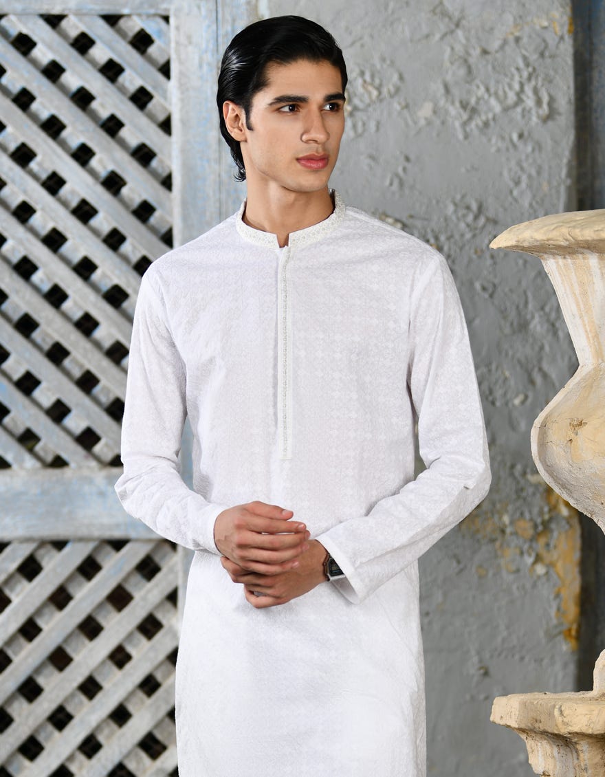 White Cotton Men's Kurta | Jjk-A-47228
