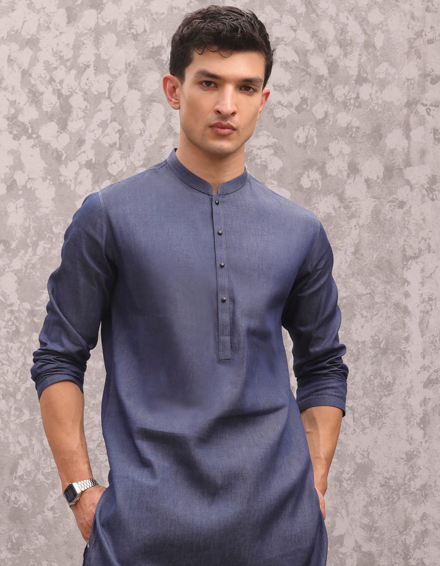 Denim Blue Blended Men's Kurta | Jjk-A-47256