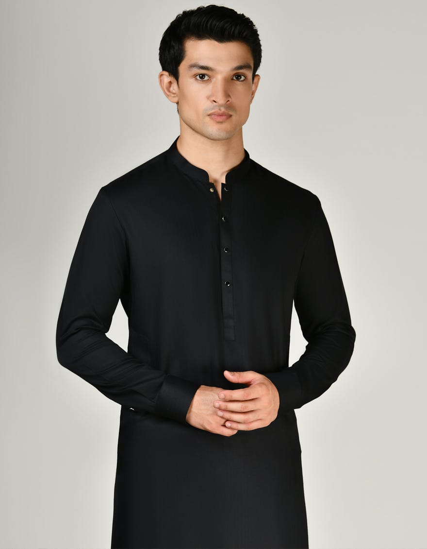 Black Blended Men's Kameez Shalwar | Jjks-A-47267