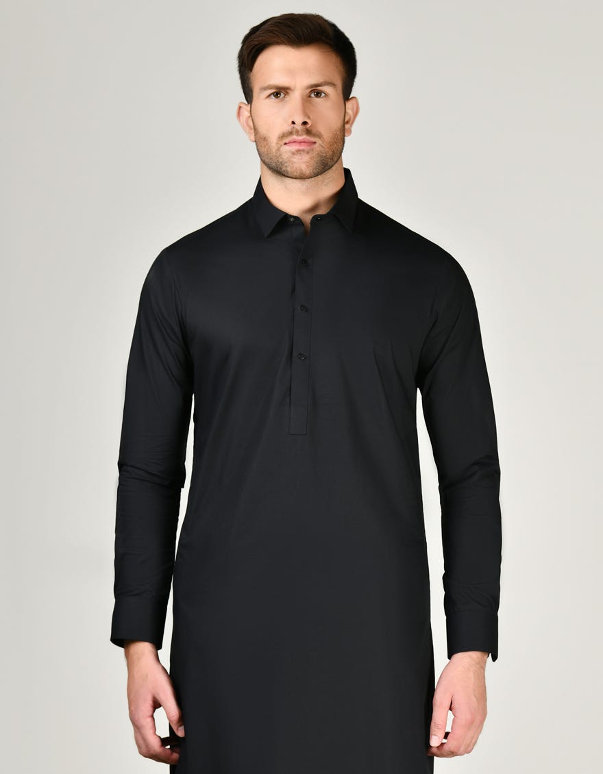 Black Cotton Men's Kameez Shalwar | Jjks-S-47268