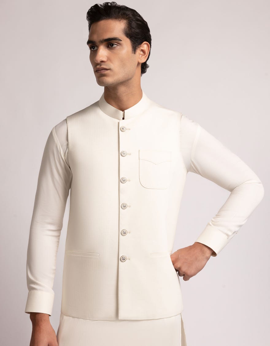 OFF WHITE EXCLUSIVE KAMEEZ SHALWAR & WAISTCOAT