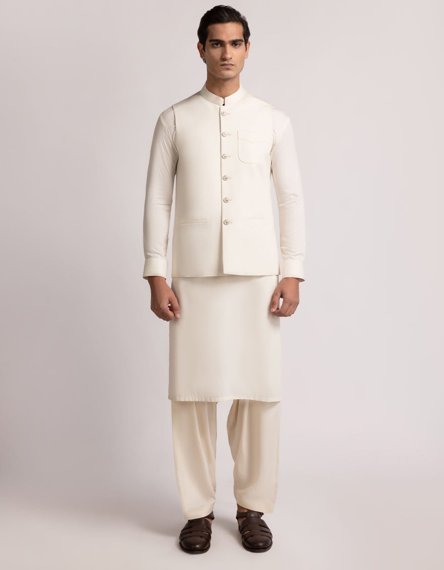 OFF WHITE EXCLUSIVE KAMEEZ SHALWAR & WAISTCOAT