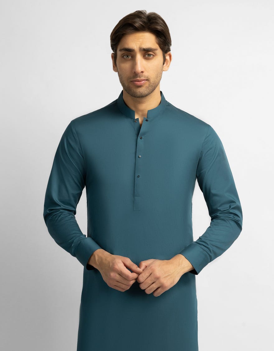 TURQUOISE COTTON PLAIN KURTA TROUSERS
