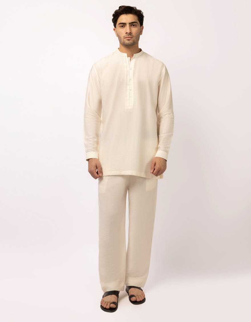 OFF WHITE CASUAL SHORT KURTA TROUSERS