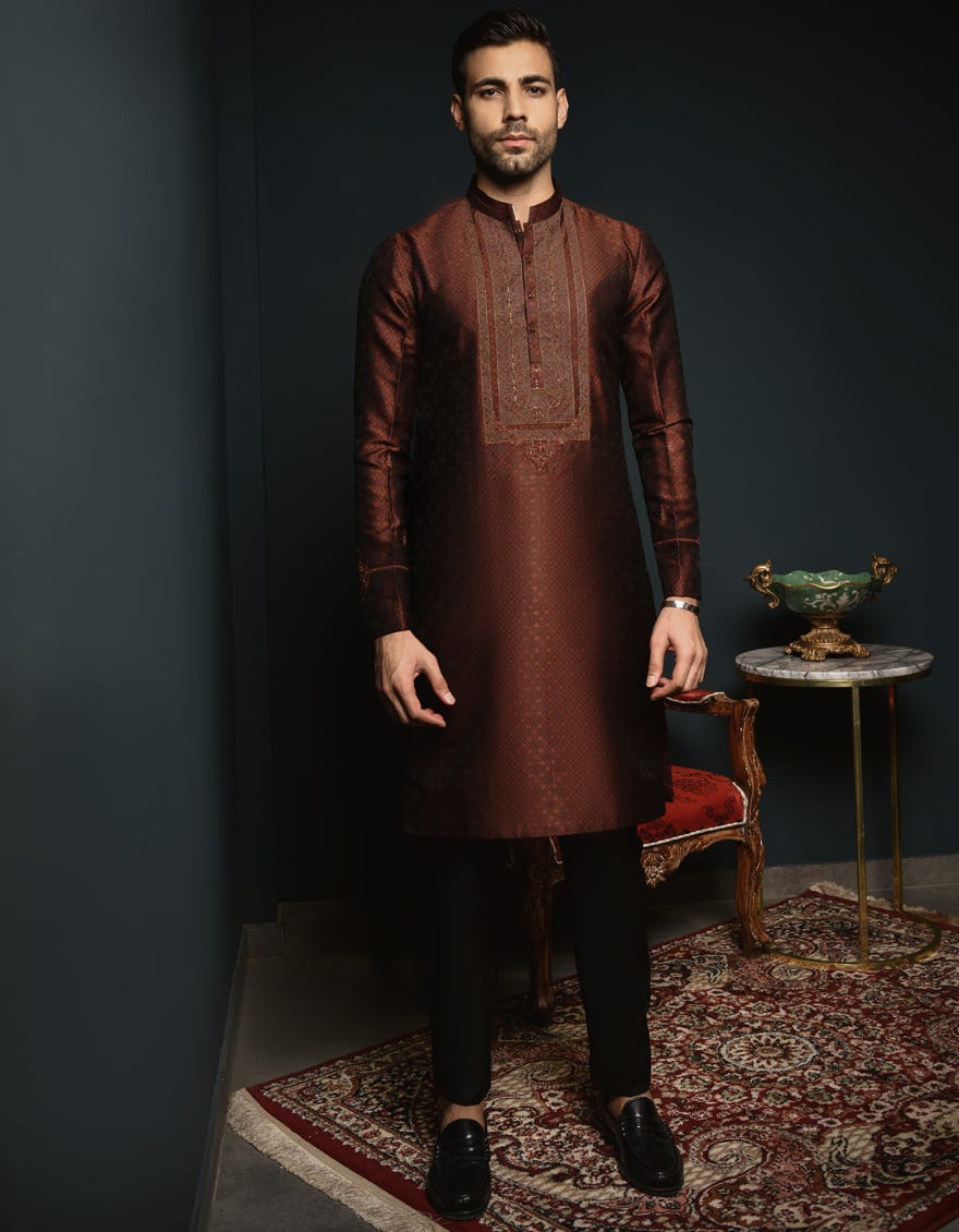 Rust Brown Jamawar Special Men's Kurta | Jjk-Sp-48009
