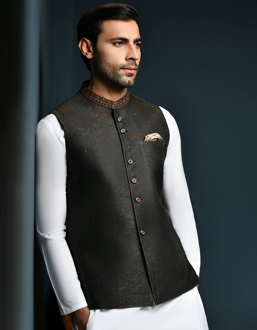 Brown Jamawar Waistcoat | Jjvc-48023