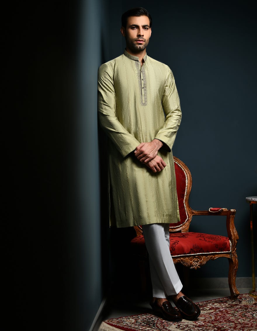 Green Raw Silk Special Men's Kurta | Jjk-Sp-A-48046