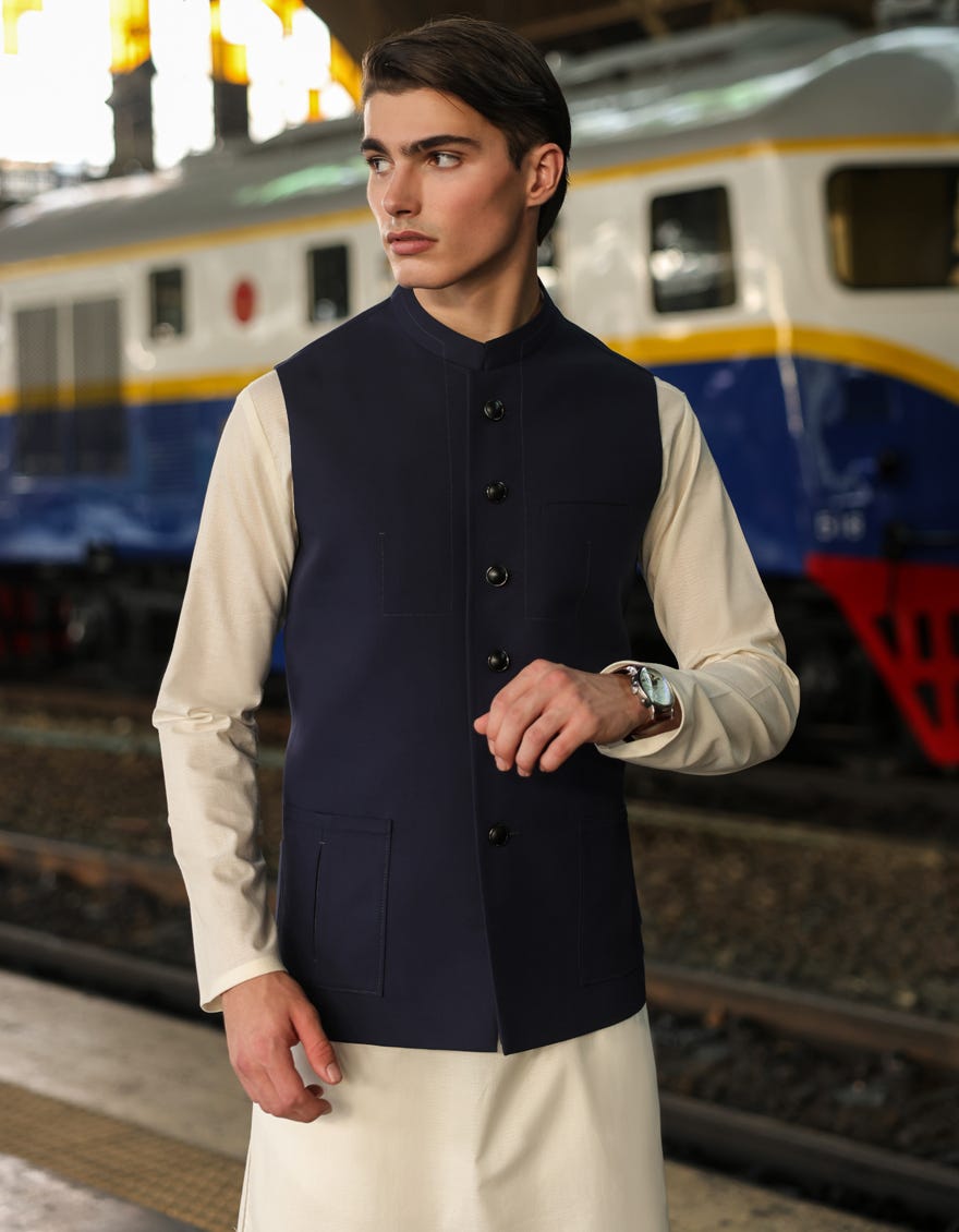 Navy Blue Cotton Waistcoat | Jjvc-A-48069