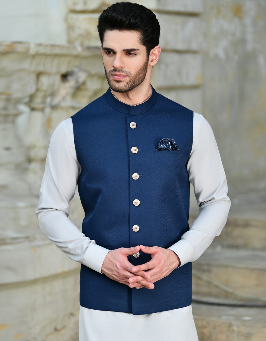 Navy Blue Blended Waist Coat | Jjvc-A-48070