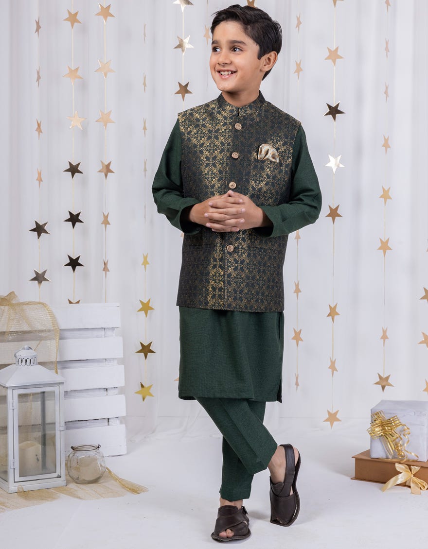 Green Polyester Kameez Shalwar + Waistcoat | Jckpvc-A-48087