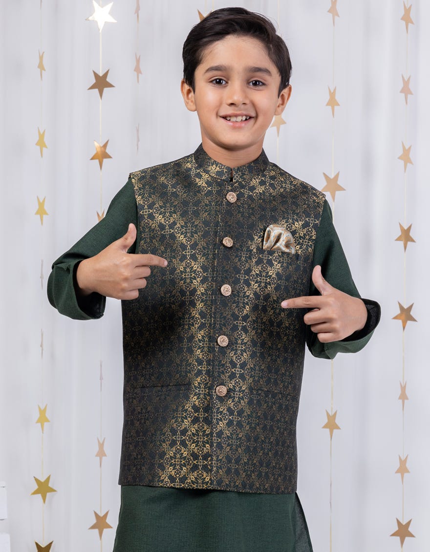 GREEN KAMEEZ SHALWAR + WAISTCOAT | JCKPVC-A-48087