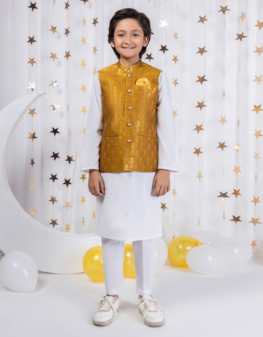 Gold Polyester Kameez Shalwar + Waistcoat | Jckpvc-A-48091