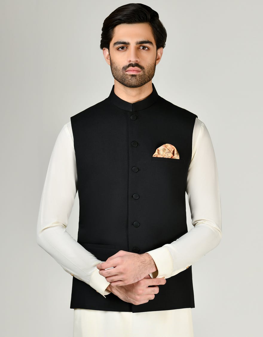 BLACK SUITING WAISTCOAT | JJVC-A-48161