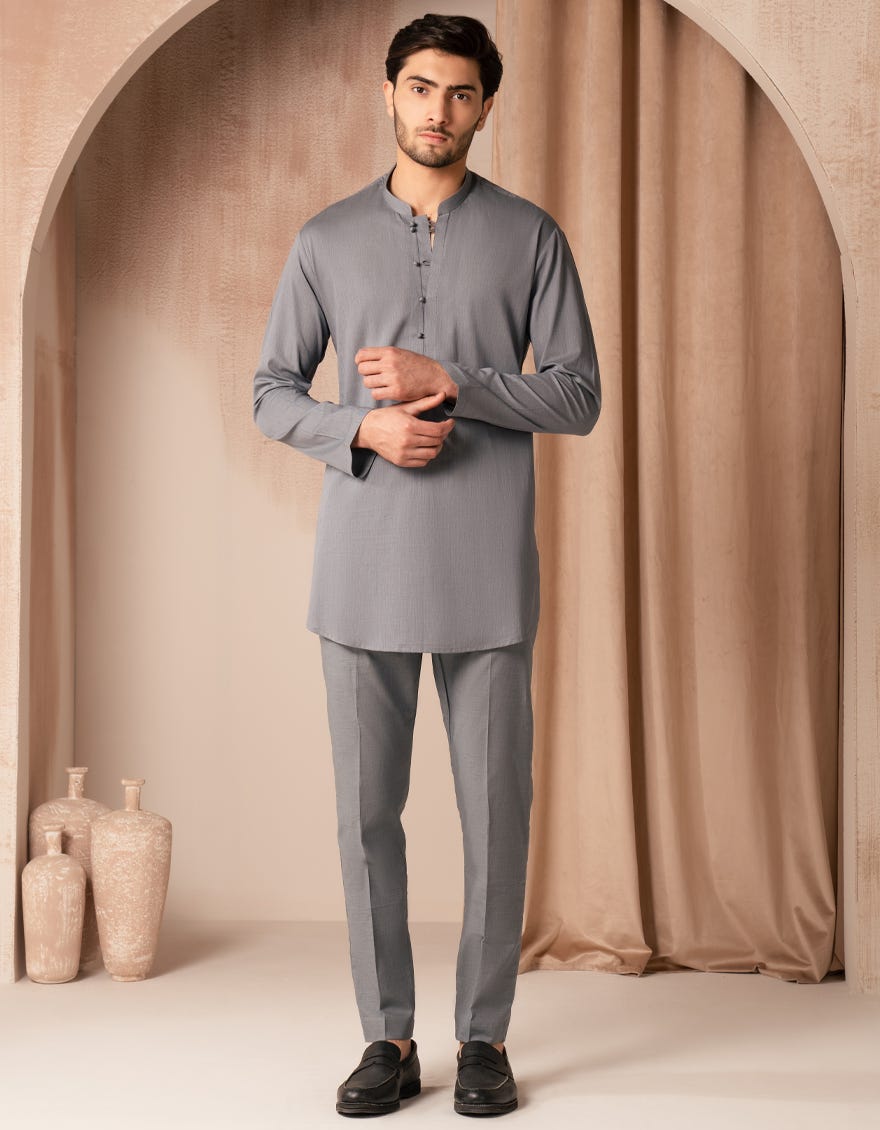GREY COTTON CASUAL SHORT KURTA TROUSER
