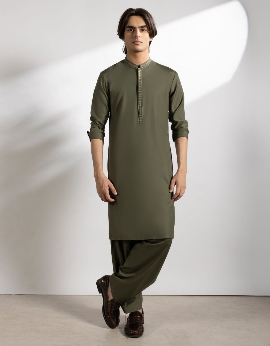 MEHNDI GREEN BLENDED KAMEEZ SHALWAR