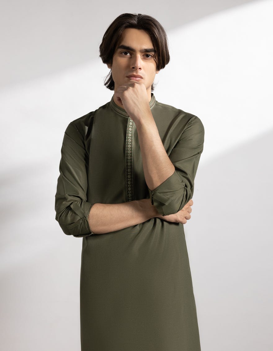 MEHNDI GREEN BLENDED KAMEEZ SHALWAR
