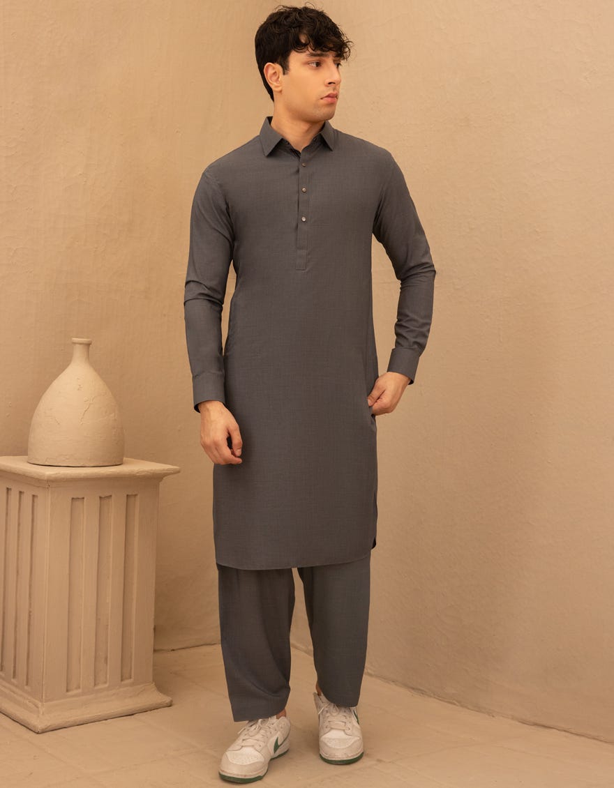 DARK GREY BLENDED PLAIN KAMEEZ SHALWAR