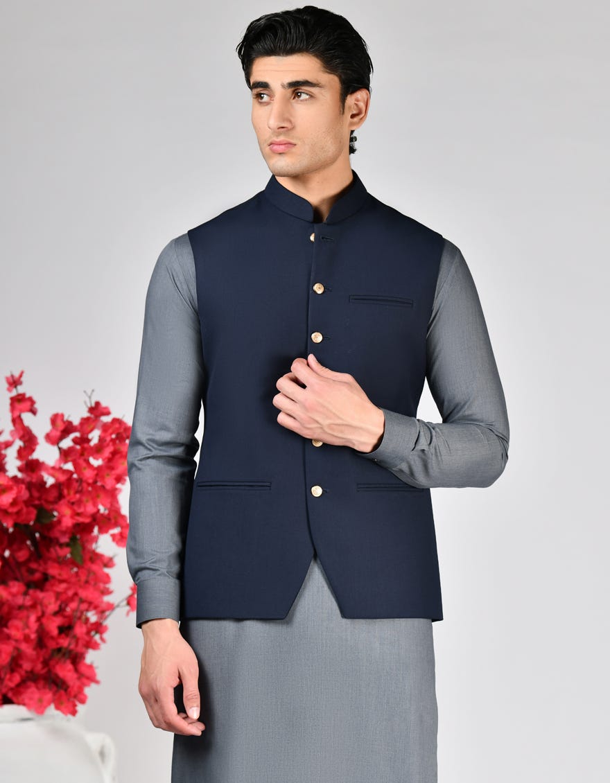 NAVY BLUE SUITING WAISTCOAT|JJVCA50242