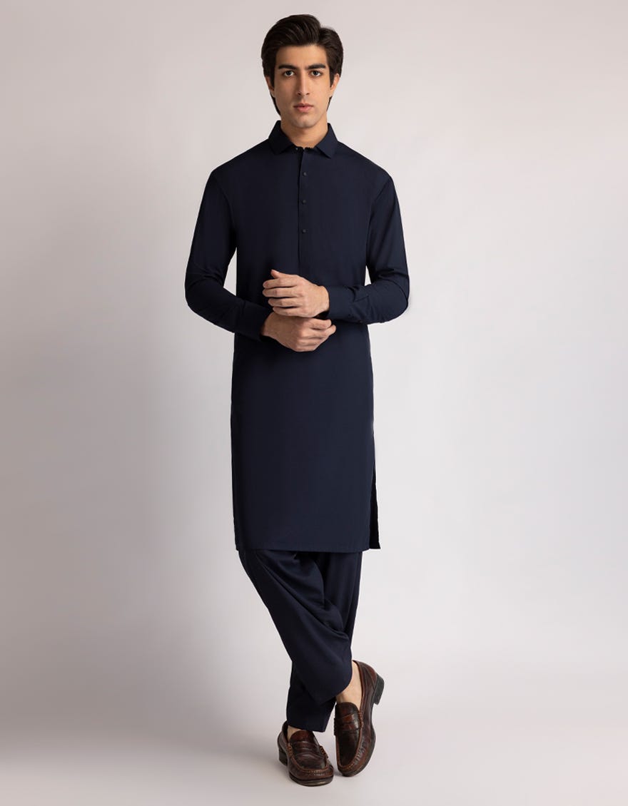 NAVY BLUE BLENDED PLAIN KAMEEZ SHALWAR