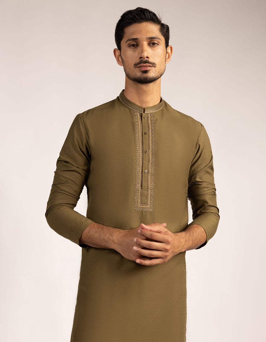 MEHNDI GREEN BLENDED JACQUARD KURTA TROUSERS