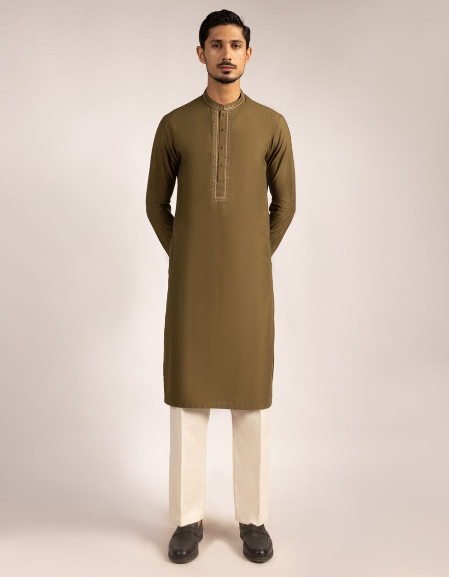 MEHNDI GREEN BLENDED JACQUARD KURTA TROUSERS