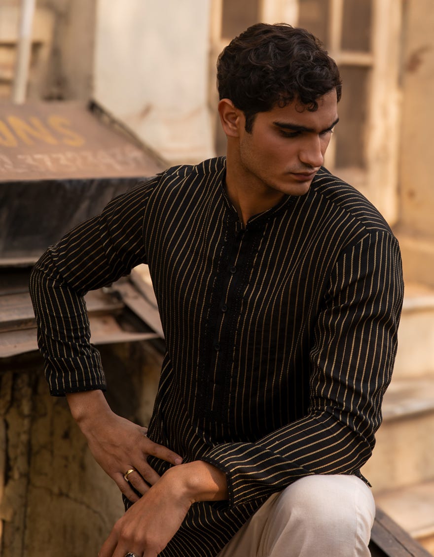 BLACK COTTON FORMAL SHORT KURTA