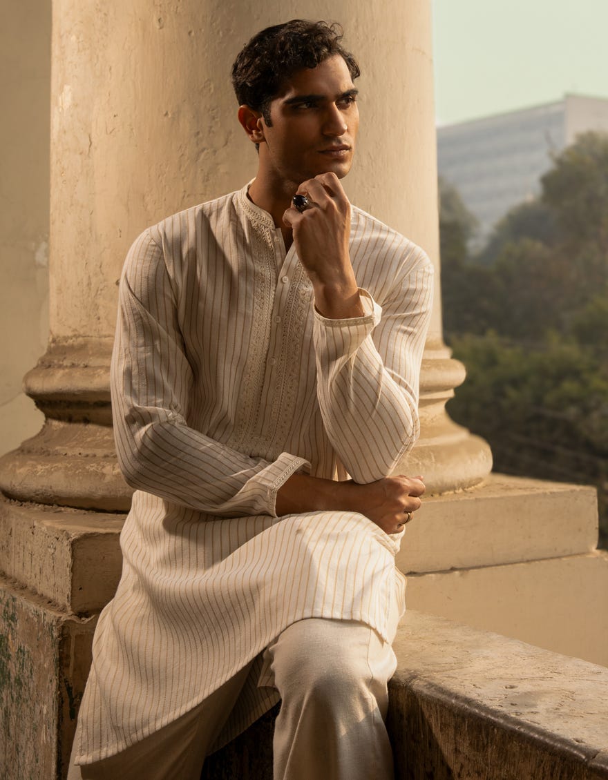 OFF WHITE COTTON FORMAL SHORT KURTA