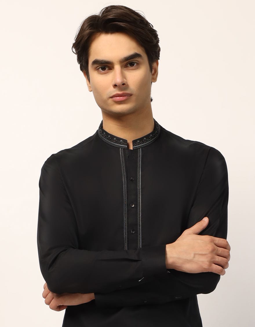 BLACK COTTON SEMI-FORMAL KURTA TROUSER