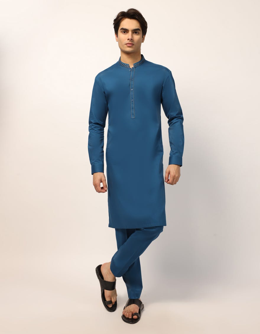 BLUE COTTON SEMI-FORMAL KURTA TROUSER
