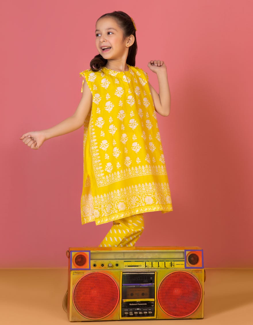 Yellow Cotton Girls 2 Piece Stitched | Jgkl-S-Jk2-23-5602