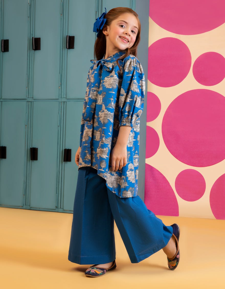 Blue Dobby Girls 2 Piece Stitched | Jgkl-S-Jk2-23-5608
