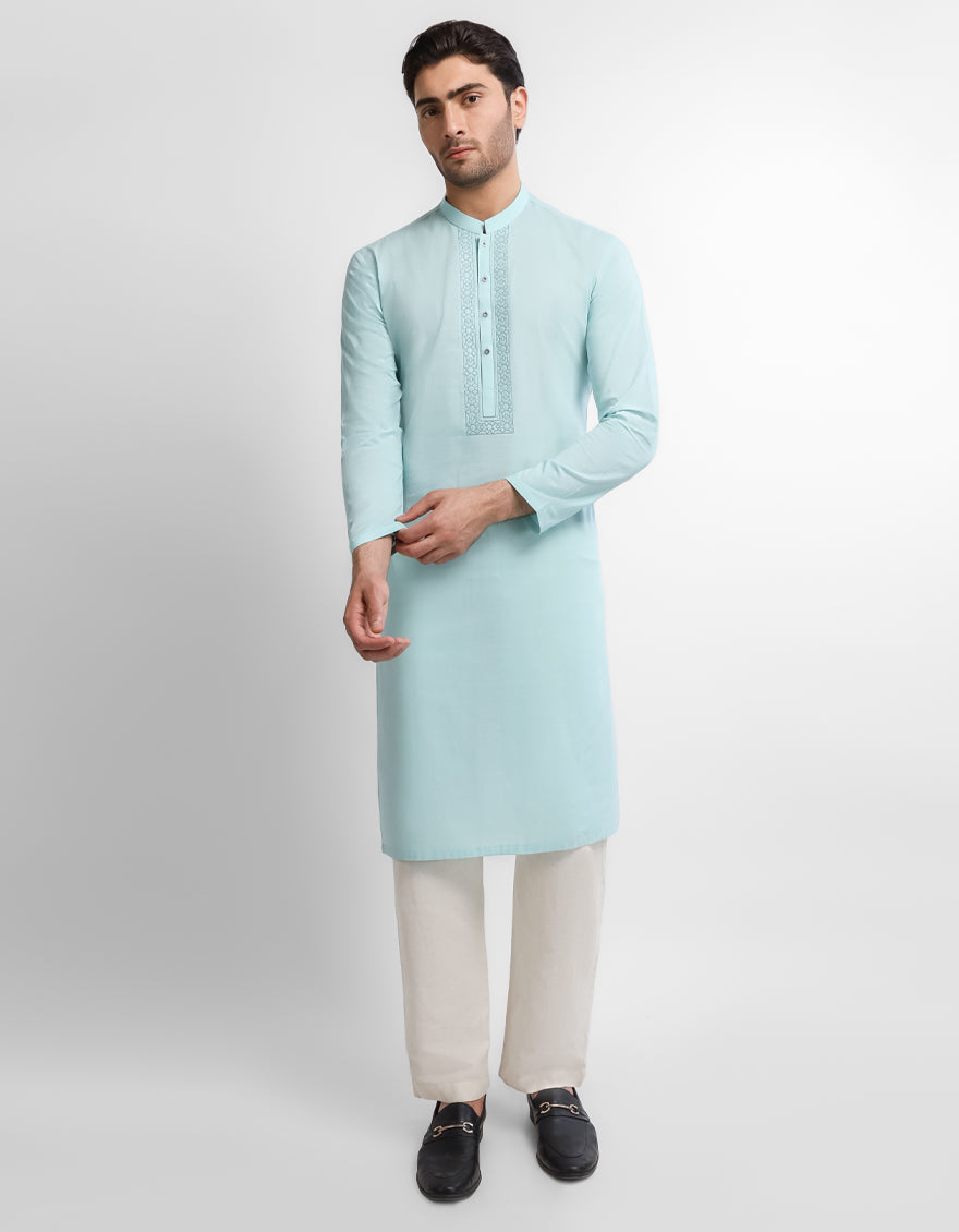 LIGHT TURQUOISE COTTON SEMI-FORMAL KURTA