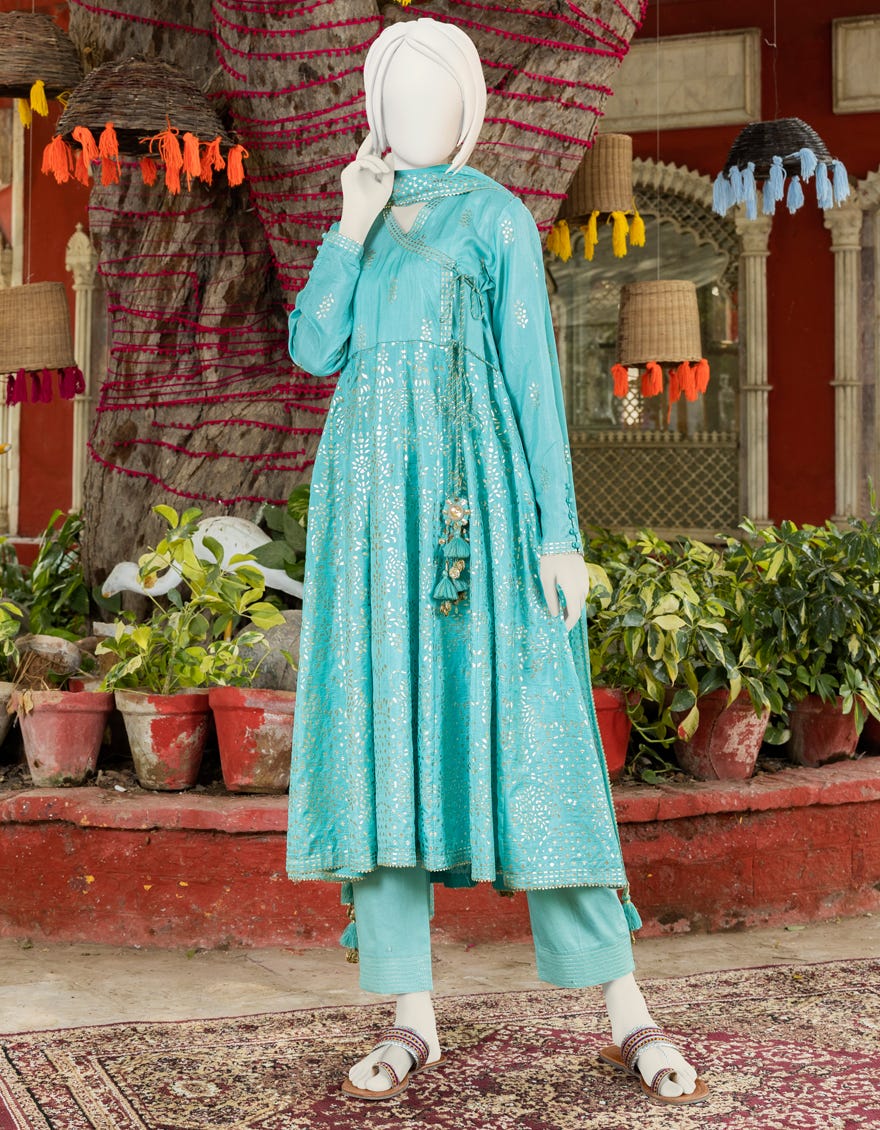 Sky Blue Raw Silk Teens 3 Piece Stitched | Jgk-S-Ygtl-607-23