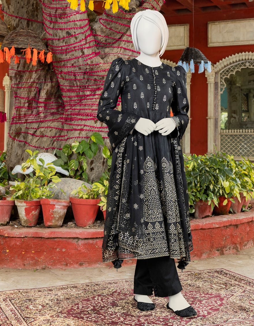 Black Raw Silk Teens 3 Piece Stitched | Jgk-S-Ygtl-609-23