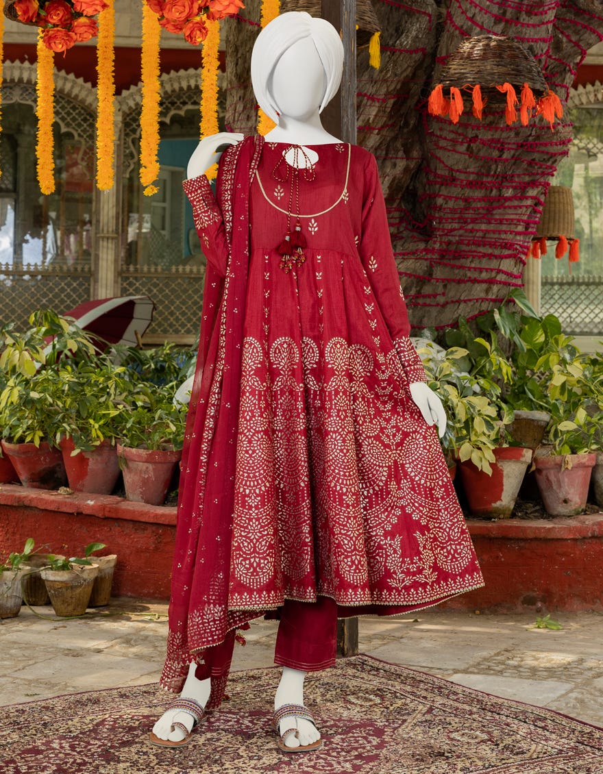 Red Raw Silk Teens 3 Piece Stitched | Jgk-S-Ygtl-612-23