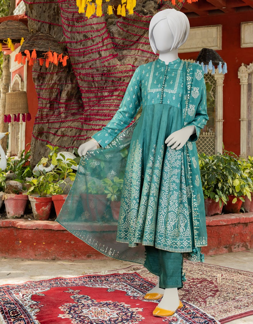 Green Raw Silk Teens 3 Piece Stitched | Jgk-Ygtl-S-613-23