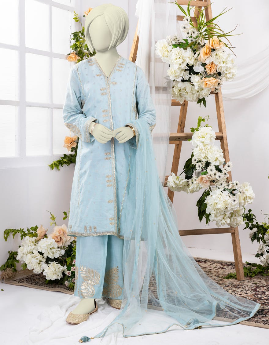 Blue Jacquard 3 Piece Stitched Dress | Jgk-S-Ygtl-629-24