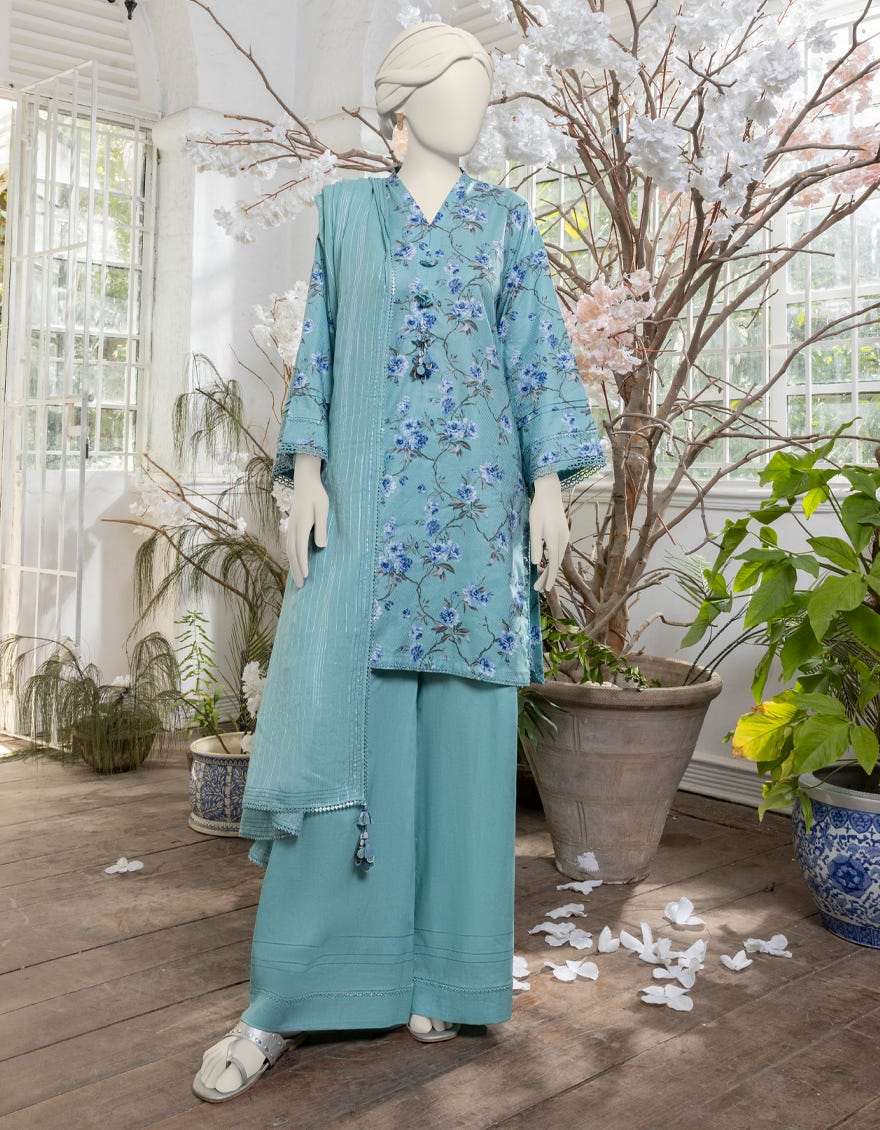 Blue Dobby Printed Unstitched 2 Piece Dress | Jjls-S-Jw2-24-7008