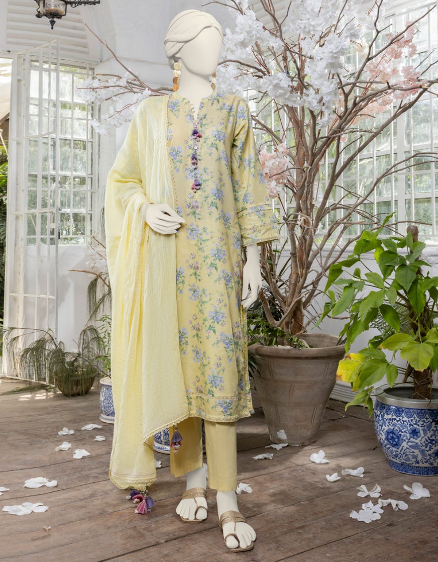 Yellow Dobby Printed Unstitched 2 Piece Dress | Jjls-S-Jw2-24-7011